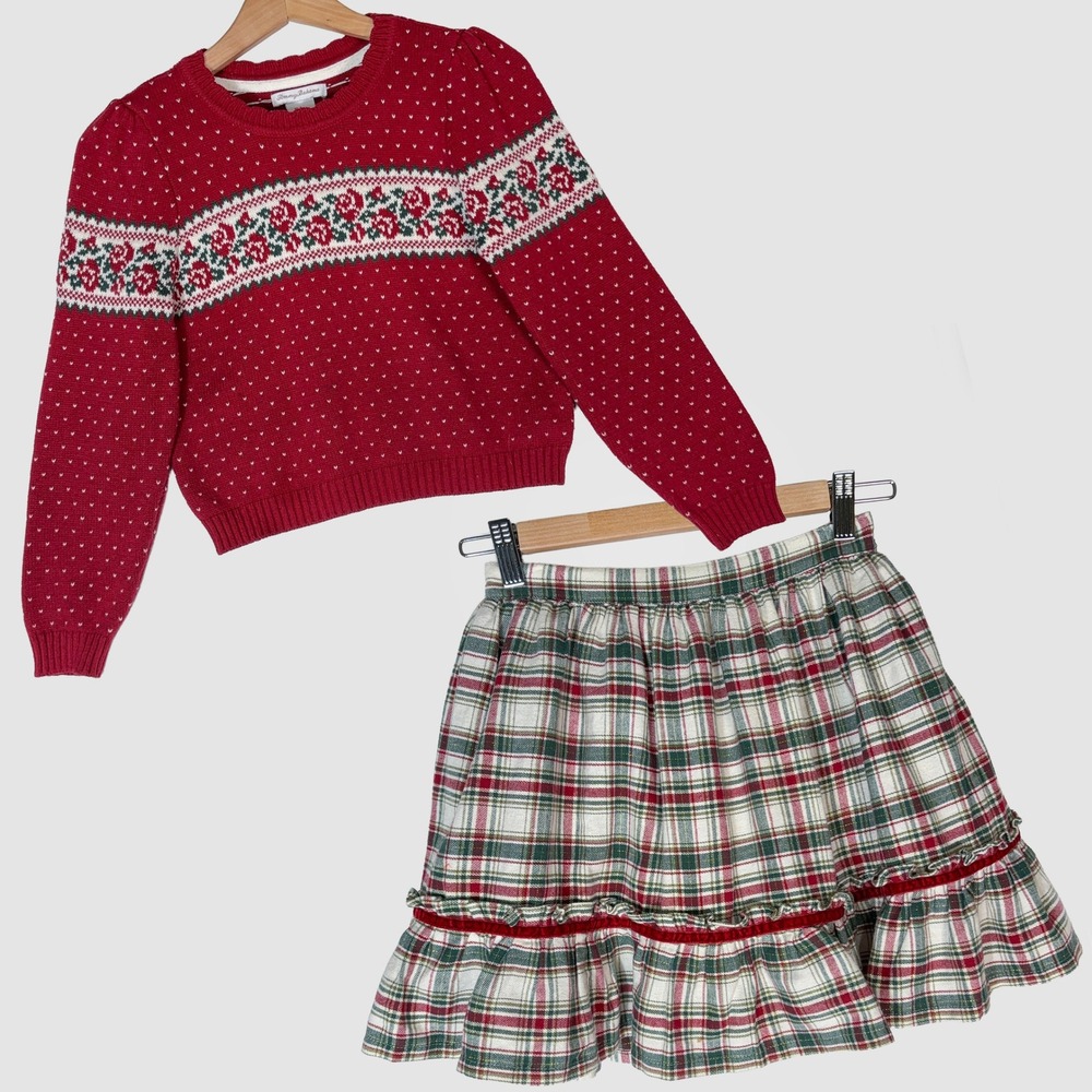Tommy Bahama Sweater Skirt Set Girls 8 Red Plaid Floral Fair Isle Holiday 2pc
